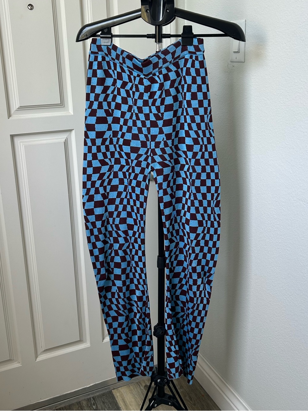 Paloma Wool Blue Brown Optical Checkerboard Knit Pants | Medium